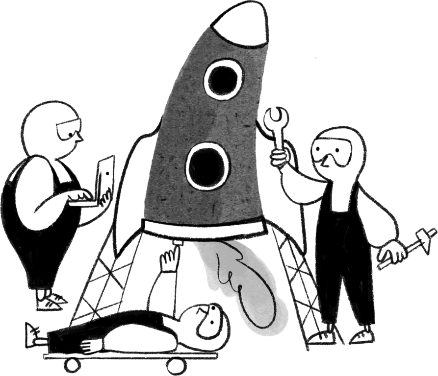 Sarjakuvamaisesti piirretty kuva, jossa kolme hahmoa rakentaa rakettia. Työssäoppimista tapahtuu työnteon lomassa.