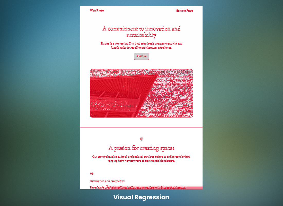 The differences between two images marked in red, captured by a visual regression test.