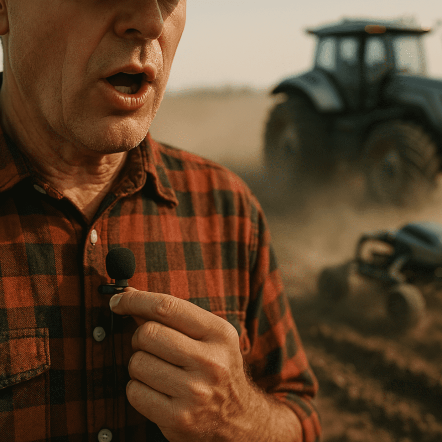 Maatilanhoitaja puhuu pellolla nappimikkiin. Taustalla traktori ja futuristinen itseajava mönkijä työssään.