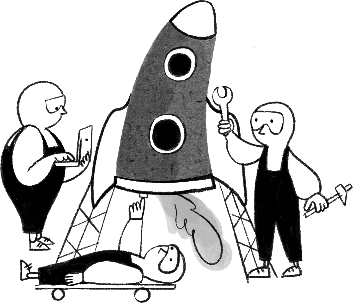 Sarjakuvamaisesti piirretty kuva, jossa kolme hahmoa rakentaa rakettia. Työssäoppimista tapahtuu työnteon lomassa.