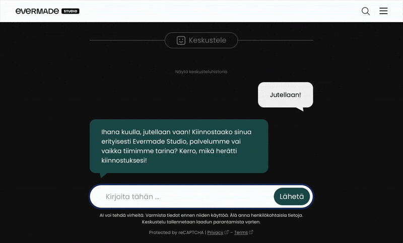 GIF-animaatio, joka havainnollistaa keskustelun etenemistä. Käyttäjä jatkaa aiemmin aloitettua keskustelua kysymällä "Mikä on Evermade Studio". Käyttöliittymä vastaa: "Evermade Studio on työkalu, joka tekee yritysten WordPress-sivustojen päivittämisestä todella helppoa ja nopeaa - ilman koodaustarvetta. Se tarjoda markkinoijille ja sisällöntuottajille tehokkaita ominaisuuksia, kuten brändin mukaisen tyylinhallinnan, personointia, A/B-testausta sekä tekoälyavustajan sisällön ideointiin ja kääntämiseen. Haluaisitko kuulla tarkemmin siitä, miten Evermade Studio voi auttaa juuri sinun yritystäsi?" Käyttöliittymä on lisäksi hakenut sivustolinkin "Personalization" vastauksensa tueksi, mikäli käyttäjä kaipaa lisätietoa.