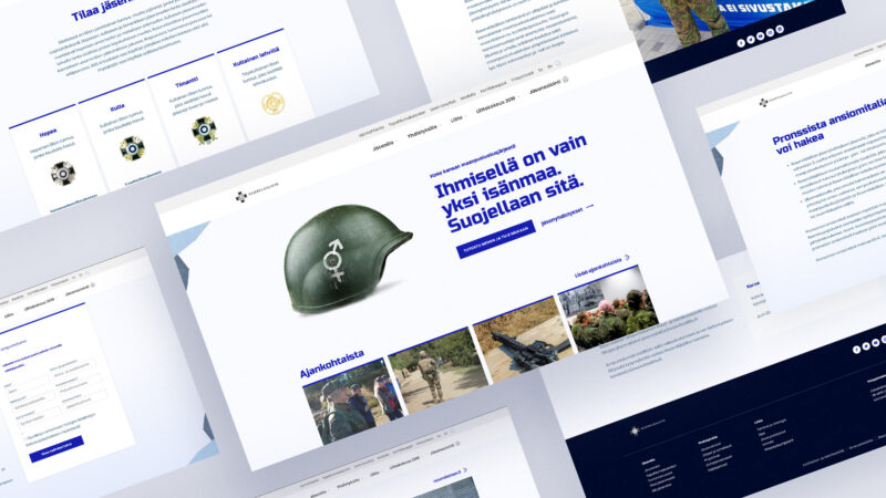 Useita Reserviläisliiton verkkosivun esikatselukuvia sinisävyisessä layoutissa, keskellä valkotaustainen pääsivu jossa sotilaskypärä ja suomenkielinen otsikko, näkyvillä kuvakaruselli, tekstilaatikot ja navigaatiokomponentit.