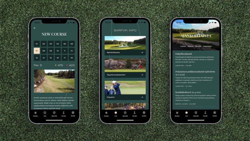 Kolme älypuhelinta ruohoalustalla, jotka näyttävät Sarfvik Golfin mobiilisovelluksen eri näkymiä — kenttäkalenterin, reikäkuvia ja tapahtuma- sekä ohjetietoja.