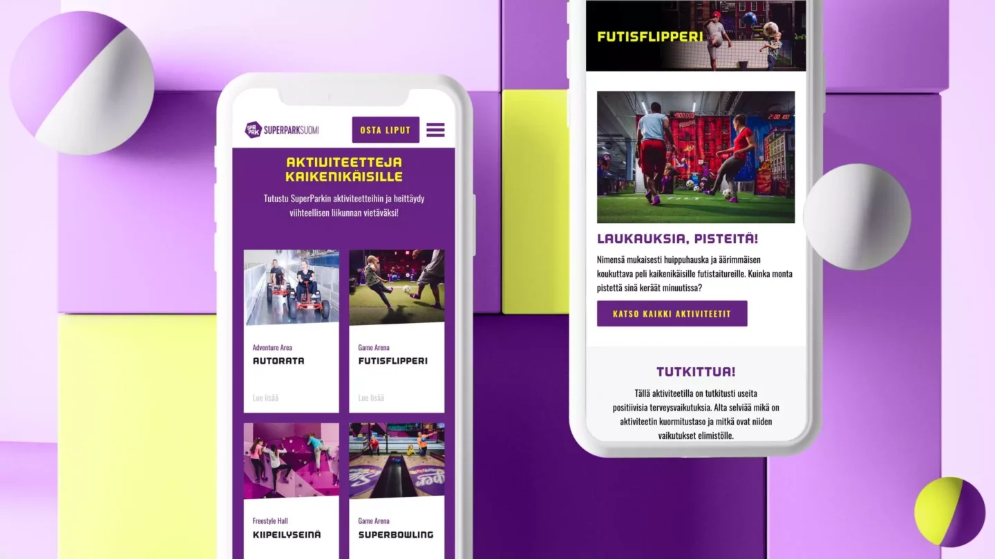 Mockup of two smartphones displaying the Superpark.fi mobile site with colorful activity cards and photos, placed on a purple-and-yellow geometric background with round decorative spheres.
