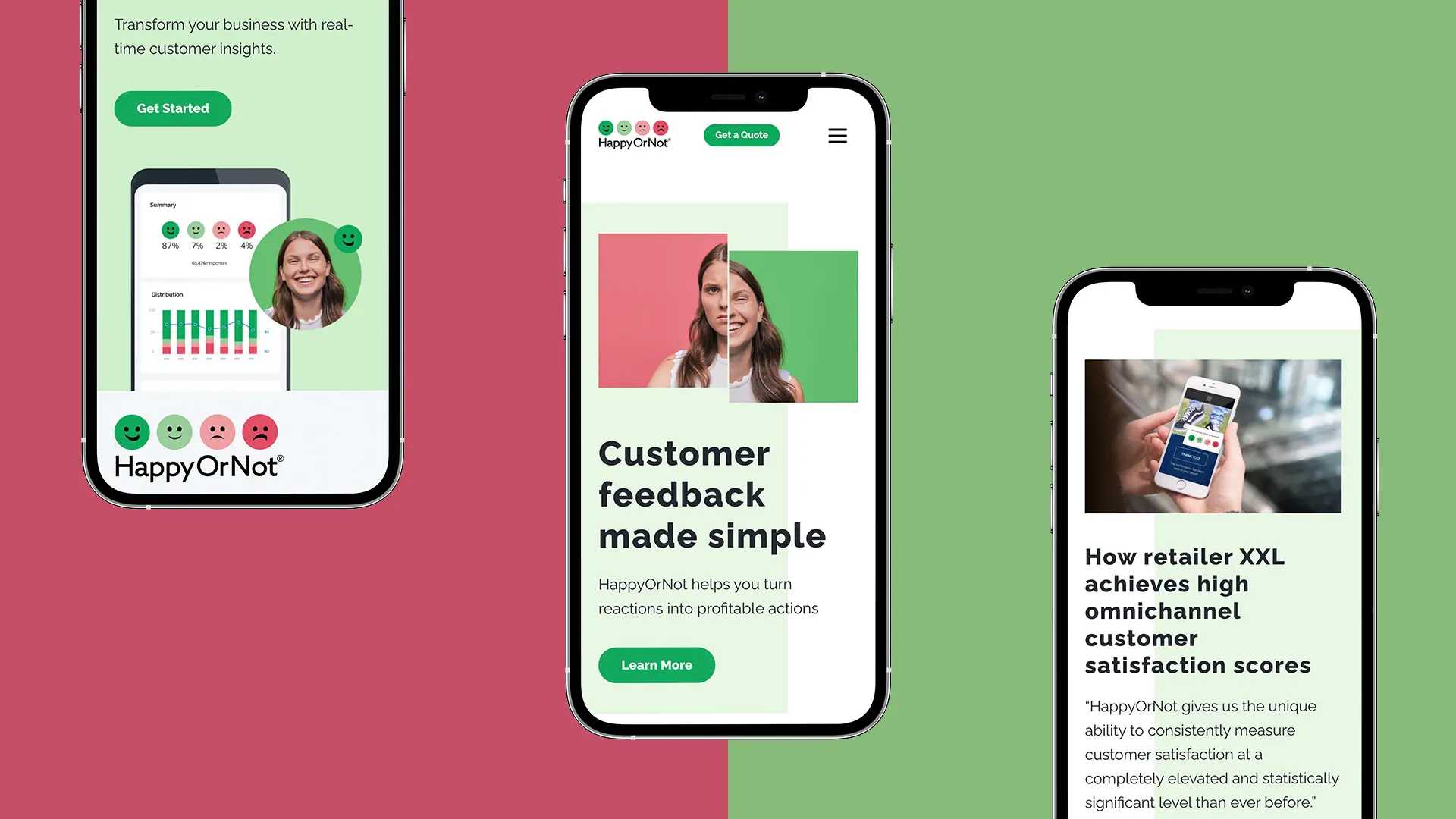 Kolme älypuhelimen näyttöä HappyOrNot-sovelluksen mockupeista: keskellä puhelin, jossa teksti "Customer feedback made simple" ja hymyilevän naisen kuva, vasemmalla analytiikka- ja tunnepainikenäkymä, oikealla artikkelinäkymä myymäläketjun asiakastyytyväisyydestä; tausta jaettu vihreään ja vaaleanpunertavaan.