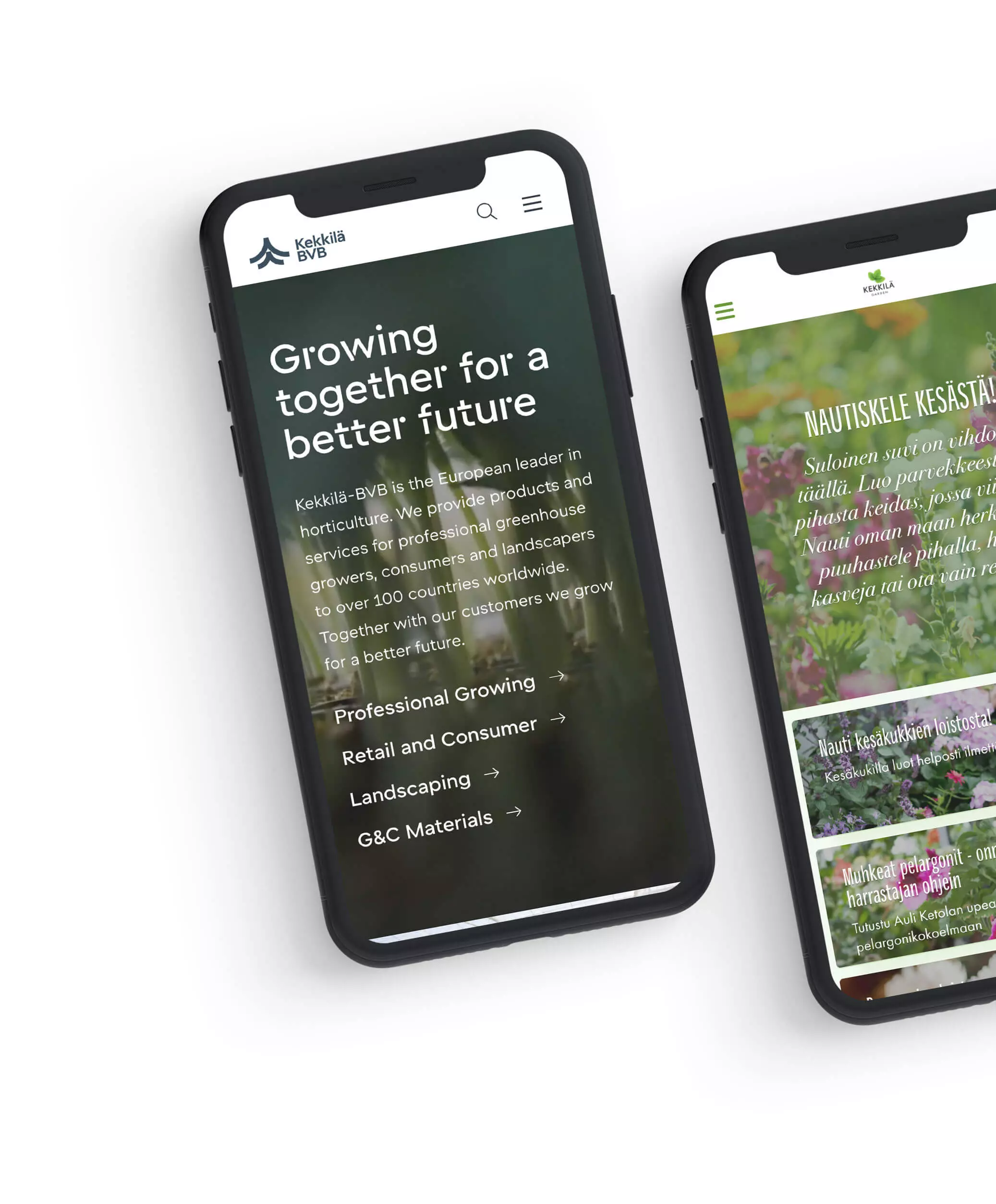 Kaksi älypuhelinta valkoisella taustalla, jotka esittävät Kekkilän mobiilisivuston mockuppeja — vasemman näytöllä englanninkielinen etusivu otsikolla "Growing together for a better future", oikean näytöllä suomenkielisiä kasvi- ja tuotekuvia.