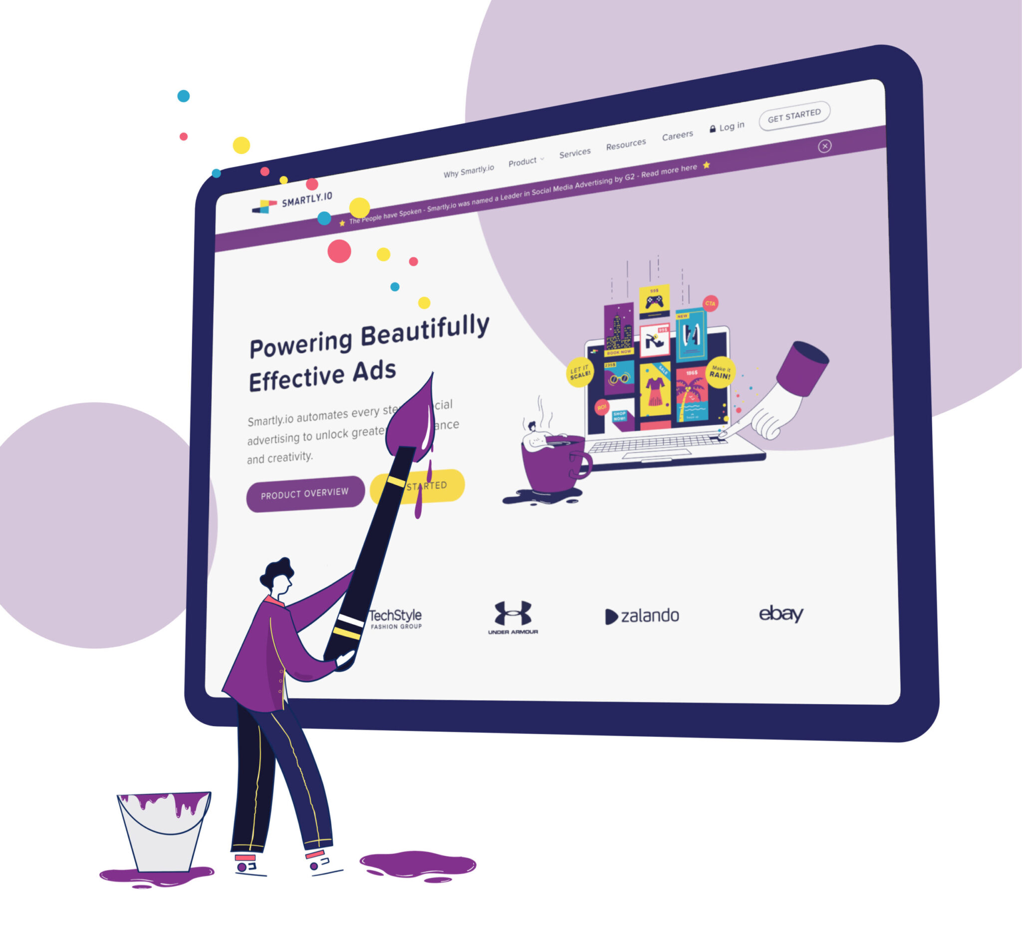 Illustration of a person holding a giant paintbrush painting a large tablet-style monitor that displays a webpage titled “Powering Beautifully Effective Ads,” with a laptop showing colorful ad thumbnails, a paint bucket and tube nearby, confetti-like dots, and a row of client logos along the bottom.