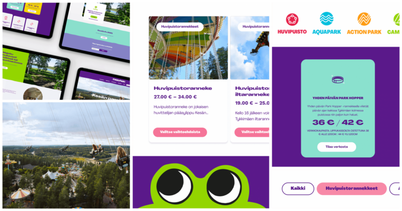 Kollaasi Tykkimäen verkkosivun ilmeestä: eri laitteilla aukeavia sivuja, värikkäitä lipputuotekortteja ja violetti hintakenttä (36 € / 42 €), vihreä maskotti silmineen sekä ilmakuva huvipuistosta.