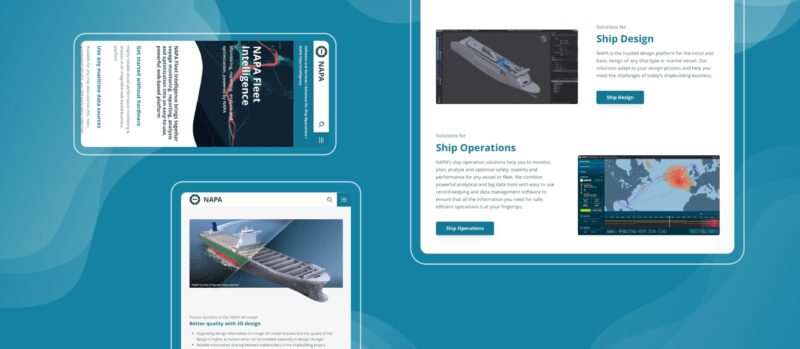 Graphic of three tablet-style screens floating on a layered blue background, showing a maritime web interface with ship photos, content cards, headings like "Ship Design" and "Ship Operations," sample text and buttons.
