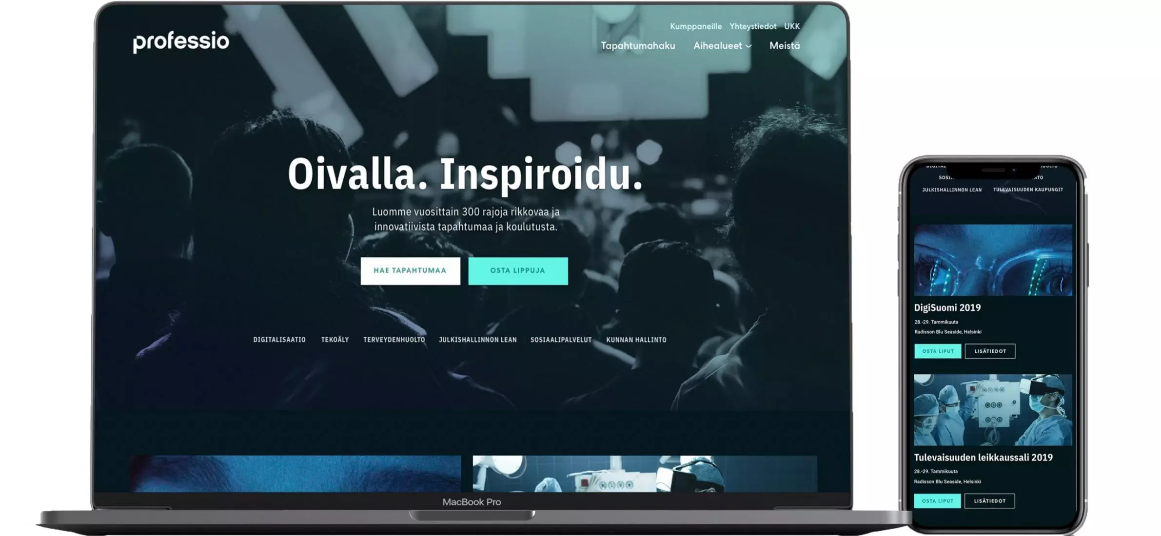 Kannettava tietokone ja älypuhelin mockup-kuvassa, joissa näkyy Professio-verkkosivun tumma konsertti- tai yleisötaustainen etusivu, otsikko "Oivalla. Inspiroidu." sekä näkyviä toimintakehotteita ja mobiilinäkymä oikealla.