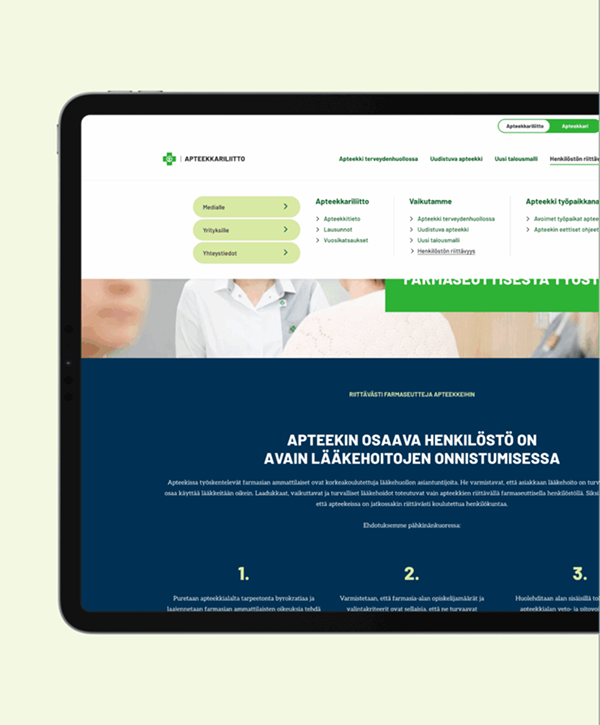 Tablet displaying the Apteekkariliitto website: green header and menu, blurred photo of pharmacy staff in the hero area, and a dark blue panel with a Finnish headline about the importance of skilled pharmacy personnel.