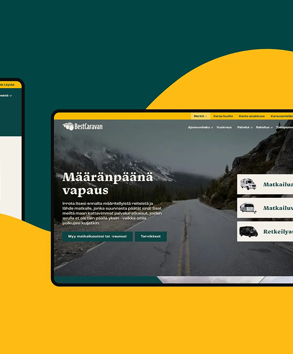 Digital mockup of the BestCaravan website shown on a tablet and partial smartphone over a teal and yellow graphic background; the tablet displays a scenic road photo with the Finnish headline "Määränpäänä vapaus", navigation menu and vehicle category icons.