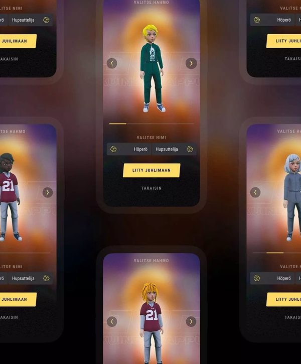 Multiple smartphone-style cards showing a character-selection screen with six stylized 3D avatars—diverse ages, skin tones, hairstyles and outfits—standing on warm glowing gradients, each card showing name fields, left/right arrows and a prominent yellow action button labeled in Finnish.