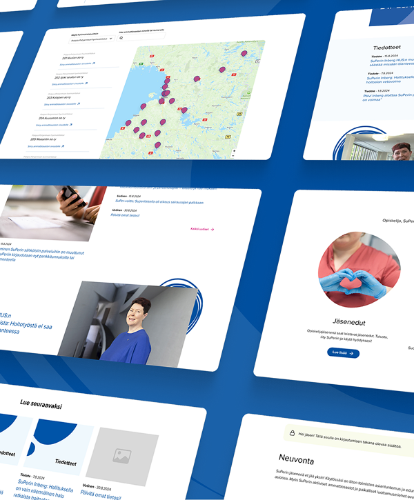 Perspective view of multiple website mockups on a blue background showing white content cards: a Finland map with purple location pins, member profile photos, info panels and content tiles — a digital UI concept for the Finnish Film Foundation.
