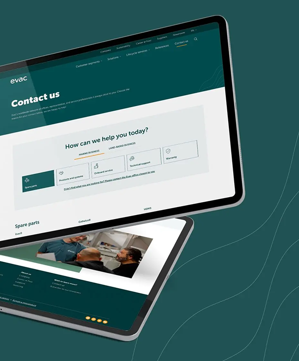 Two tablet mockups on a dark teal background showing the Evac website contact page with a "Contact us" header, a "How can we help you today?" options box, a spare parts section and a small photo of two people in conversation.