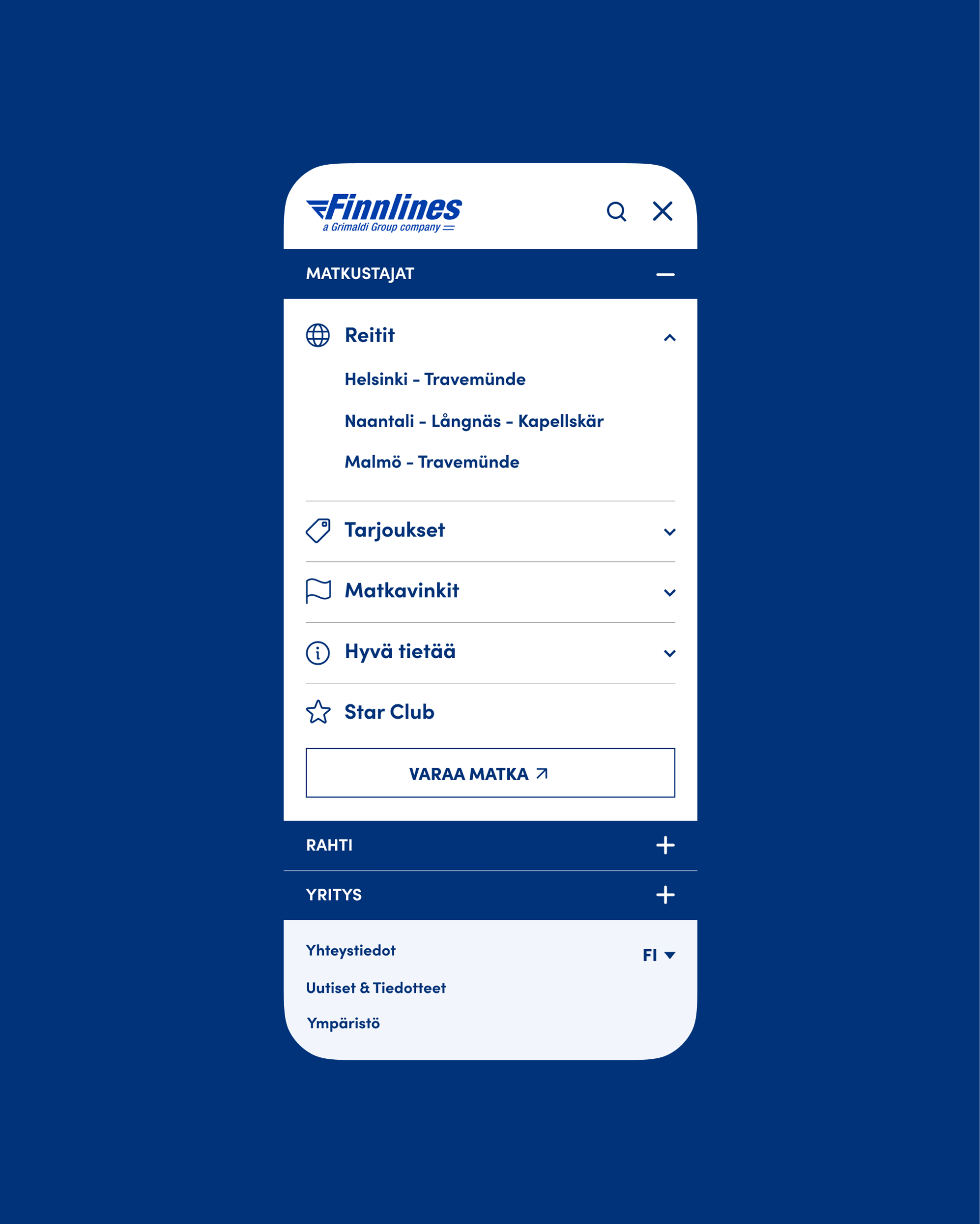 Mobiilivalikko Finnlinesin verkkosivusta, puhelimen muotoinen valikko tummansinisellä taustalla; yläosassa Finnlines-logo ja hakukuvake, avattuna "Matkustajat"-osio jossa reitit Helsinki–Travemünde, Naantali–Långnäs–Kapellskär ja Malmö–Travemünde, sekä Tarjoukset, Matkavinkit, Hyvä tietää, Star Club ja näkyvissä "Varaa matka" -painike sekä alareunan Rahti- ja Yritys-valikot.