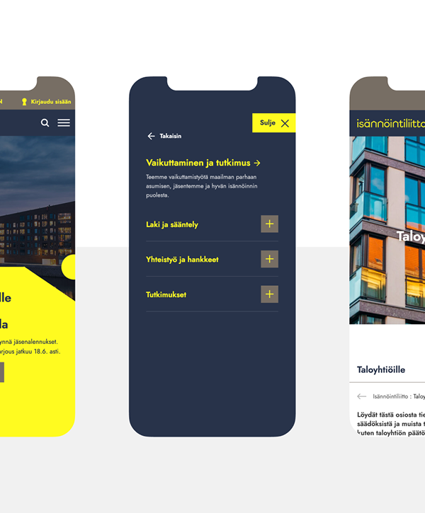Three mobile phone mockups of the Isännointiliitto.fi interface: left shows a bright yellow homepage panel with a dark top navigation, center shows a dark navy slide-out menu titled "Vaikuttaminen ja tutkimus" with expandable items like "Laki ja sääntely", "Yhteistyö ja hankkeet" and "Tutkimukset" highlighted with yellow accents, and right shows a content page with a header and a photo of a multi-story residential building alongside text.