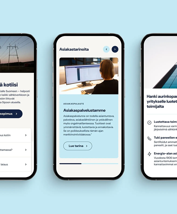 Three smartphone mockups on a light blue background showing Keravan Energia mobile screens: left screen with power-line photo and service info, center screen with a customer testimonial page featuring a person viewed from behind at a desk, and right screen with a solar-panel image and a list of benefits.