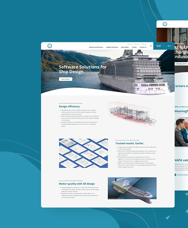 Website mockup on a teal background for NAPA showing a hero photo of a white cruise ship in a fjord, headline "Software Solutions for Ship Design", plus sections with technical diagrams, 3D hull renderings and a partially visible second page at the right.