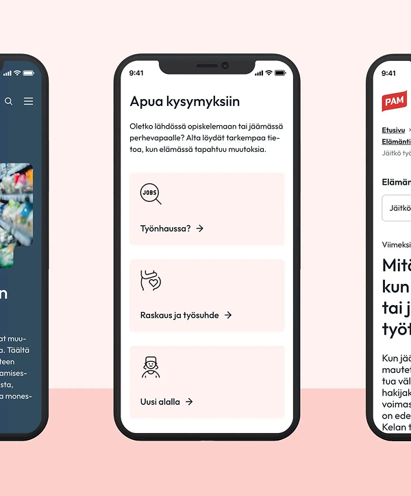 Three smartphone mockups on a pale pink background showing a Finnish PAM mobile app: center phone displays an "Apua kysymyksiin" help screen with three pale cards labeled "Työhön?", "Raskaus ja työsuhde" and "Uusi alalla" with simple icons; right phone shows a PAM-branded home/article list; left phone is partially visible with a dark teal navigation screen and image thumbnails.