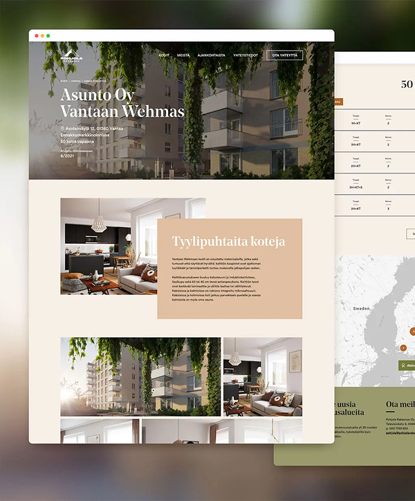 Website mockup for a residential project: large hero photo of a modern apartment building with overlaid title "Asunto Oy Vantaan Wehmas", beige content panels showing interior living-room photos and a tan information box, plus a right-side panel with a map, presenting a clean, contemporary housing design.