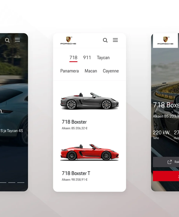 Three smartphone mockups showing a Porsche mobile site: the center screen displays the logo, model tabs (718, 911, Taycan) and listings for a grey 718 Boxster and a red 718 Boxster T with starting prices in euros, while the left and right screens show cropped views of other Porsche model pages.