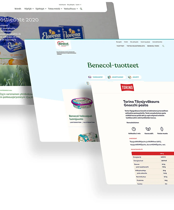 Layered screenshots of Raisio web pages: a Benecol product page with product images and the header “Benecol‑tuotteet,” a Torino product nutrition facts sheet, and an Elovena packaging page, arranged at an angle on a white background.