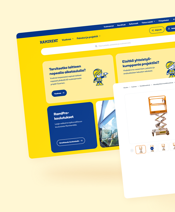 Two overlapping angled screenshots of the Ramirent website on a pale yellow background: a large yellow-and-blue homepage with a search bar, service tiles and small construction-worker illustrations, and a smaller white product panel in front showing a scissor lift photo with thumbnail previews.