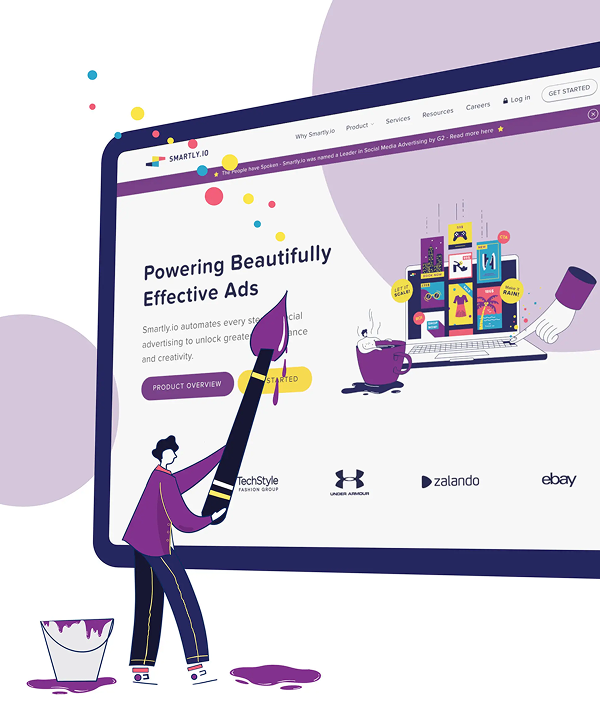 Illustration of a person painting a large desktop screen that displays a Smartly.io webpage titled "Powering Beautifully Effective Ads," with colorful ad tiles and icons on the screen, a second oversized hand holding a paint roller adding purple paint, a paint bucket and purple splashes on the floor, a steaming coffee cup nearby, and brand logos (TechStyle, Under Armour, Zalando, eBay) along the page header against a soft purple and white background.