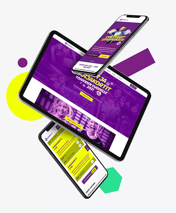 Three-device mockup showing the Superpark responsive website on two smartphones and a tablet, featuring bold purple-and-yellow branding, hero photos of smiling children, visible navigation and call-to-action buttons, and colorful geometric accents on a light background.