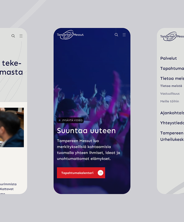 Three smartphone mockups of the Tampereen Messut website on a pale gray background: center phone shows a purple-lit crowd photo with the headline "Suuntaa uuteen" and a red event calendar button, left and right phones show the site’s menu and informational pages.