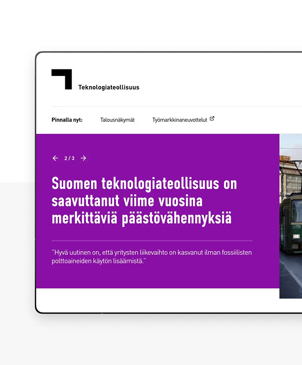 Screenshot of the Teknologiateollisuus webpage in a rounded browser frame: white header with logo and navigation, large purple panel with Finnish headline saying Finland’s technology industry has recently achieved significant emissions reductions and a short quote beneath, and a partial street scene with a tram visible on the right.