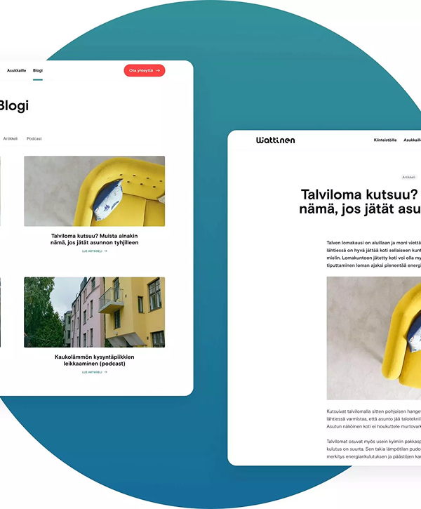 Two Wattinen website mockups on a teal circular background: left shows a blog index with article thumbnails (including a close-up of a yellow mitten and photos of a building and trees), right shows a full article page in Finnish with the headline "Talviloma kutsuu?" and a large photo of the yellow mitten, Wattinen branding visible.