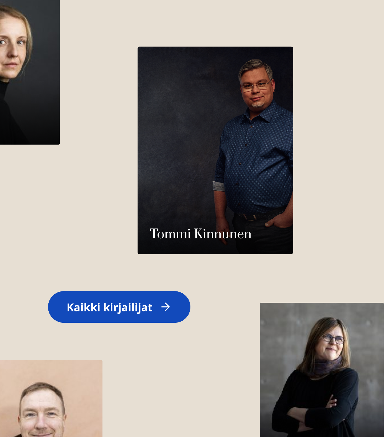 Verkkosivun sommitelma useista kirjailijaportreteista beige-taustalla: keskellä tumma muotokuva miehestä sinisessä paidassa, ympärillä osittaisia nais- ja mieskuvia ja sininen "Kaikki kirjailijat" -painike.