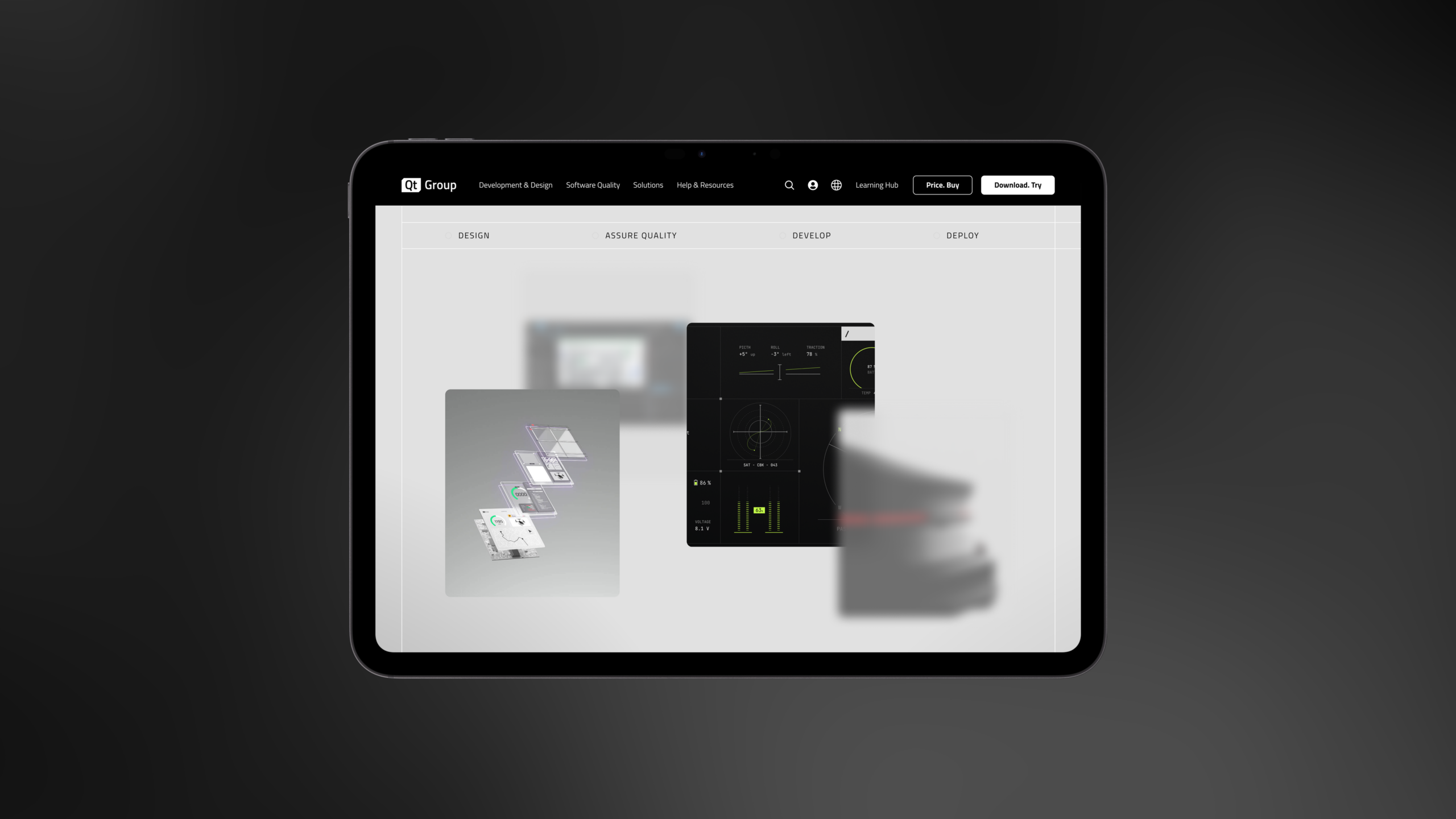 Tablet mockup centered on a dark background showing a Qt reference page with blurred project thumbnails and a dashboard-style widget.