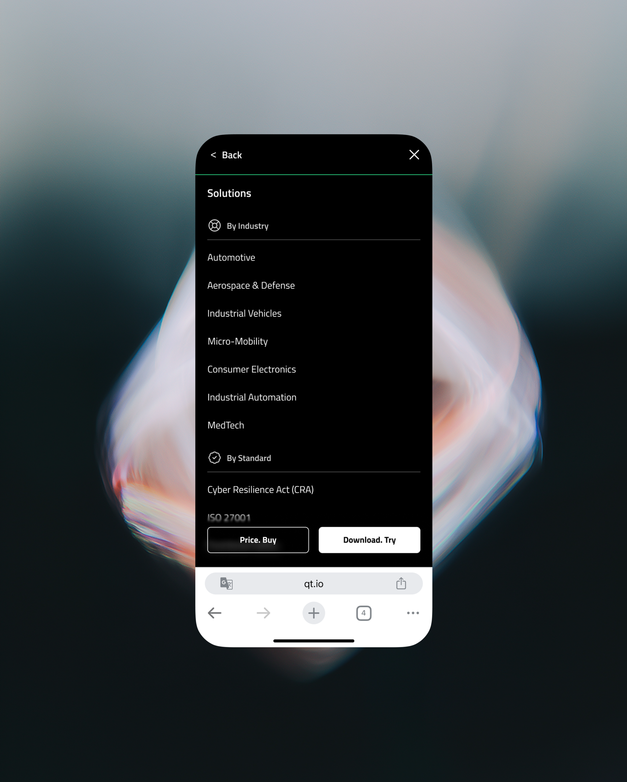 Mobile phone mockup centered on a soft abstract background showing a dark-themed website navigation titled "Solutions" with a "By Industry" list including Automotive, Aerospace & Defense, Industrial Vehicles, Micro‑Mobility, Consumer Electronics, Industrial Automation and MedTech, a "By Standard" section listing Cyber Resilience Act (CRA) and ISO 27001, two action buttons ("Price, Buy" and "Download, Try") and a browser bar with qt.io plus back and close icons.