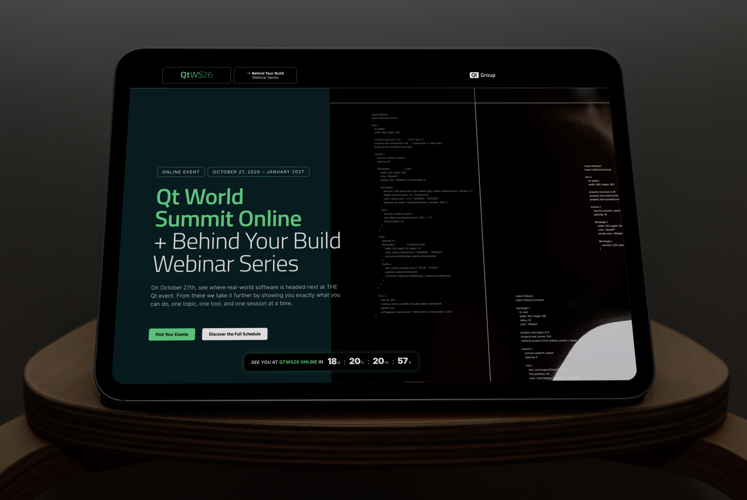 Tablet mockup showing the Qt World Summit 2026 website.